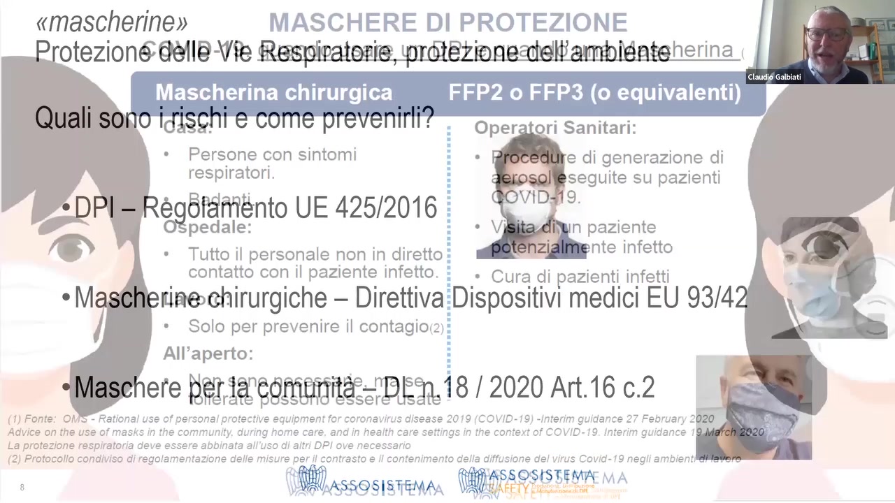 «mascherine»
' otez|on§@é1|§-Vie *

Mascherina chirurgica FFP2 o FFP3 (o equivalenti)
I O “ V ‘

 

 
 

MASCHERE DI PROTEZION

      
   
  

      
         
 
    
    
 
     
 
  
  
 

 
  

   
  

   

    

‘ ' I - _ Oper ri Sanitari:

- Pers_one c_:on sintomi  . e di generazione di

re5P'rat°“~  u ‘ seguite su pazienti
- era as 42 2 1 5 9-

%; ?‘intoUE 5/06; s u

pedale: : ° V _y n paznente
' .   nte infetto

- Tutto il personale non in direttoi
contatto con il paziente infetto. 3 . cura di Pazienti infettj

Itiaenehirurgiche — Direttiva§DispositivI medici EU 93/4

- Solo per prevenire il contagio«_2)§

.M

 
   

A||’aperto: 

erefg$g‘,1$;‘§Qm'13:‘5?13L§§9e1'8 / 2020 Art.16 c.2 A

(1) Fame: OA« - Rarionaf use ofpersona/protective equipment for coronawrus disease 2019 /COV/D-19; -/nter/m guidance 27' February  %
Advice on the use of masks in the community. during home care. and in health care semngs in the context ofCO\/10-19 Interim guidance .'
La protezione respirator/‘a deve essere abbinara a//'uso di a/tr/' DPI ove necessario

(2) Protocol/o condiviso di rego/amenraz/one delle m/sure per il conrrasro e I! conren/mento deila d/ffus/one del virus Cowd- I 9 neg/I ambient: -

 95 T 9
8 ‘1VW»zss§9§I§wmA W:Q:\§xv%§”«"”7V{‘“A